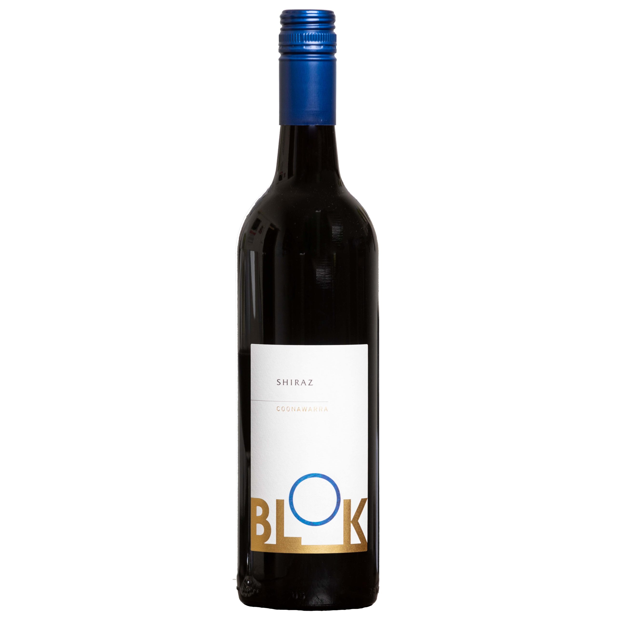 red wine bottle with blue cap and white label